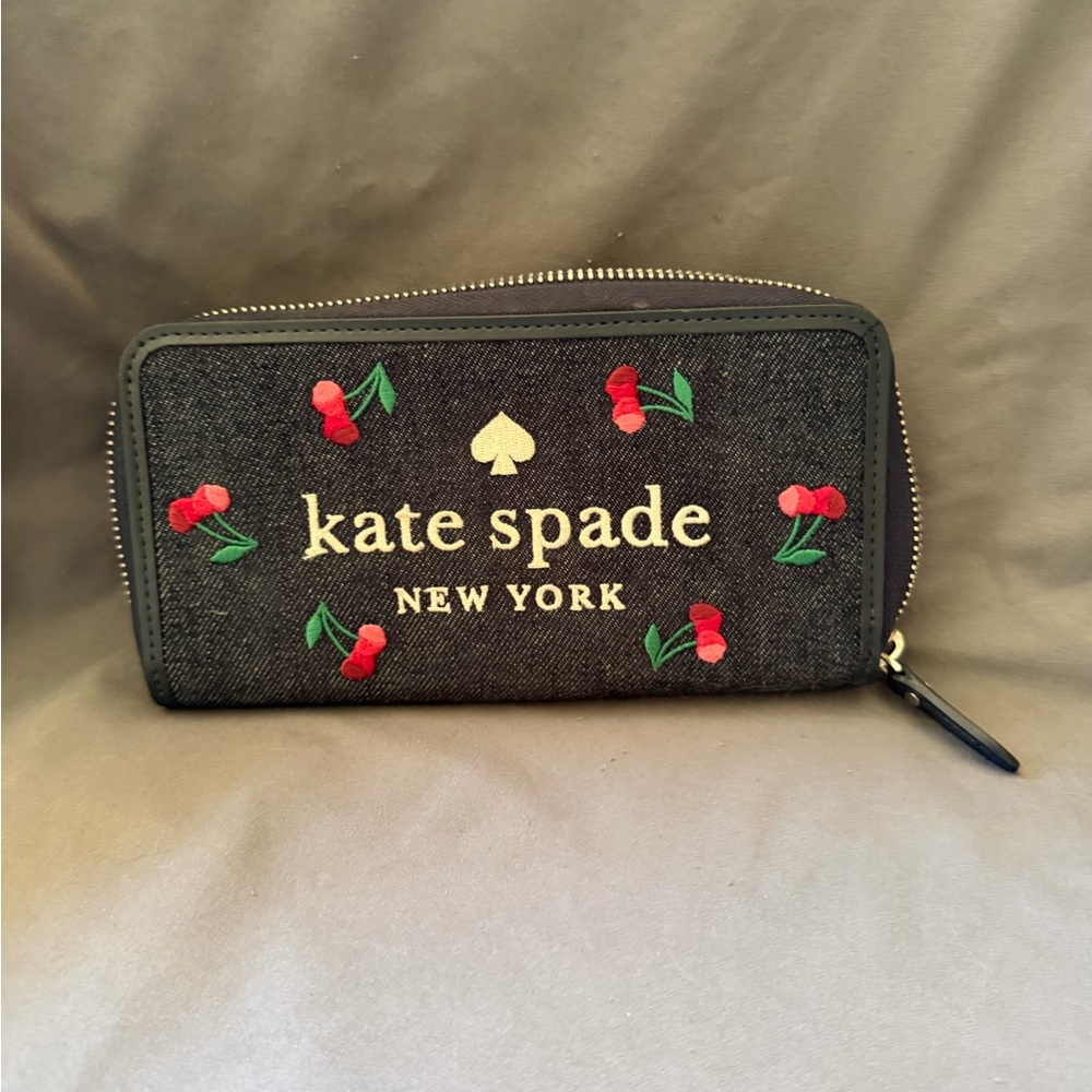 kate spade Black Cherry Embroidered Zip Wallet - Black with Red & Green